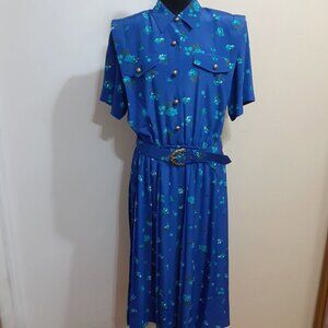 Vintage Leslie Fay Size 18 Women's Petite Blue Floral Shirt Dress with Belt